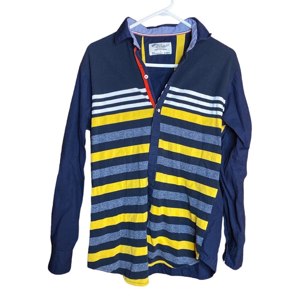 HOLK Navy Yellow Corduroy Stripe Button Down Scandinavian Large